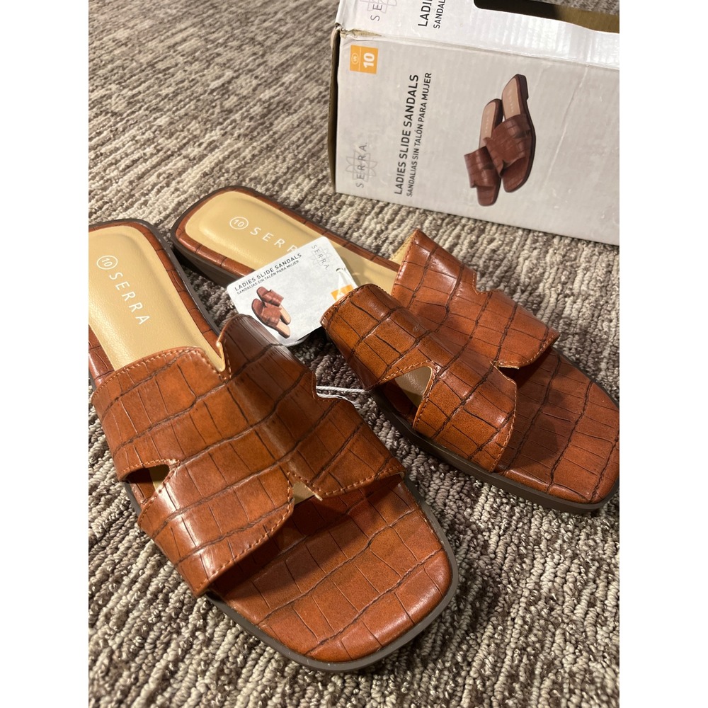 Serra Ladies Slide Sandals Cognac Brown Croc Embossed Square Toe Flat Shoes 10.